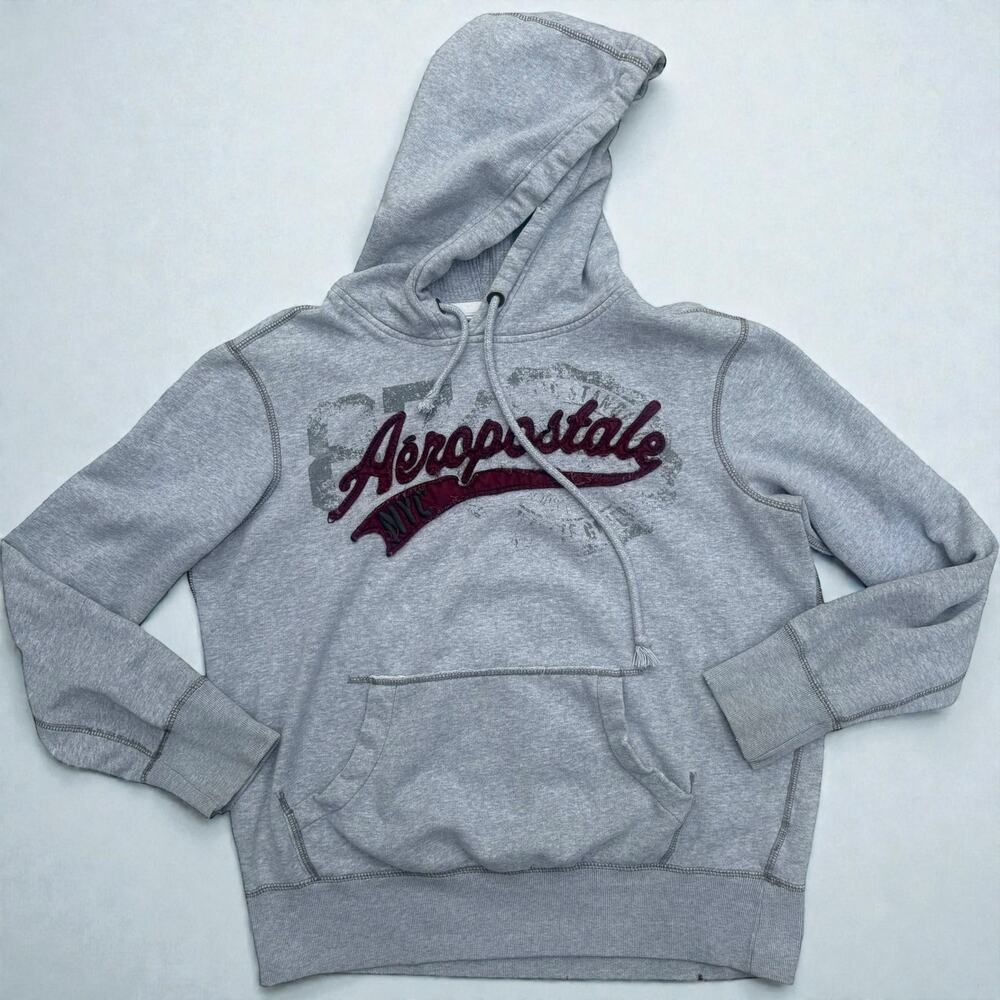 Aeropostale Y2K Hoodie Sweatshirt Sz S Gray Red Spell Out 00s Grunge Skater 2000